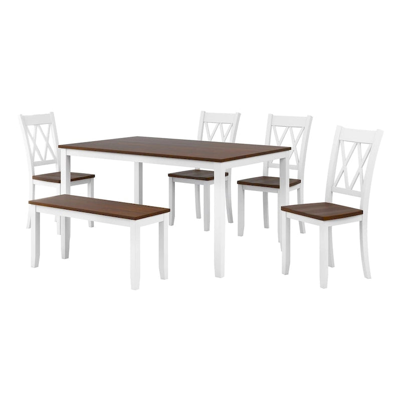 Ensemble de salle à manger 6 pièces en bois avec table, 4 chaises à dossier croisé et banc