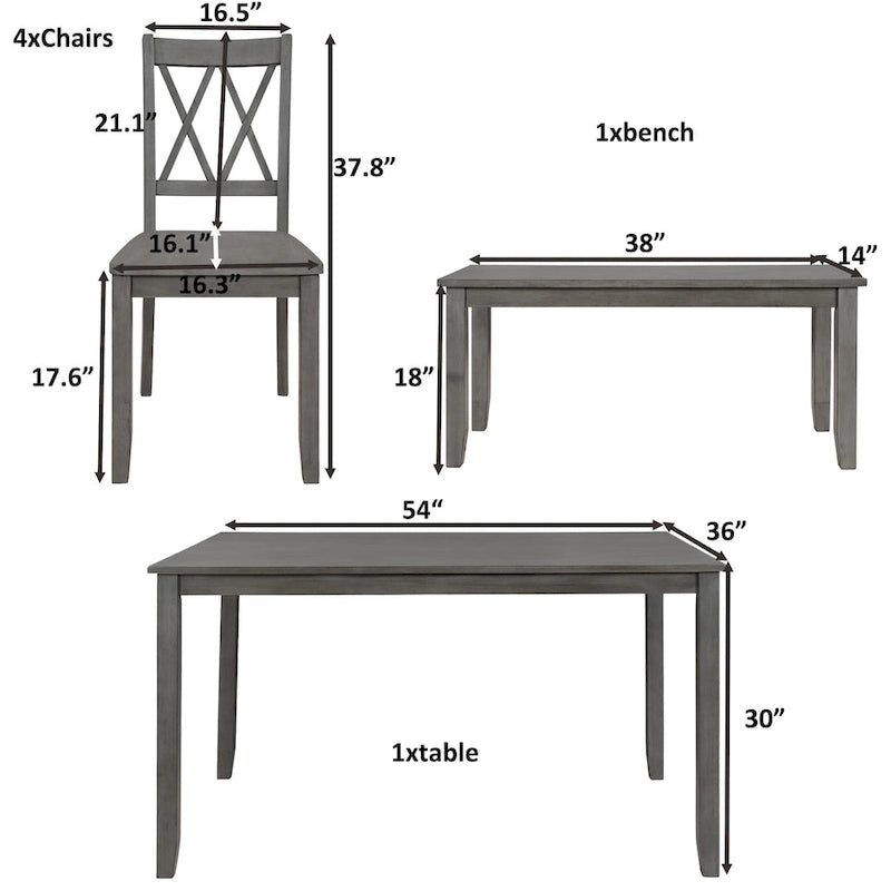 Ensemble de salle à manger 6 pièces en bois avec table, 4 chaises à dossier croisé et banc