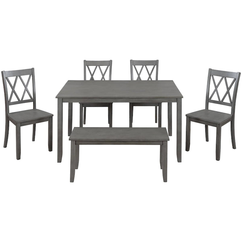 Ensemble de salle à manger 6 pièces en bois avec table, 4 chaises à dossier croisé et banc