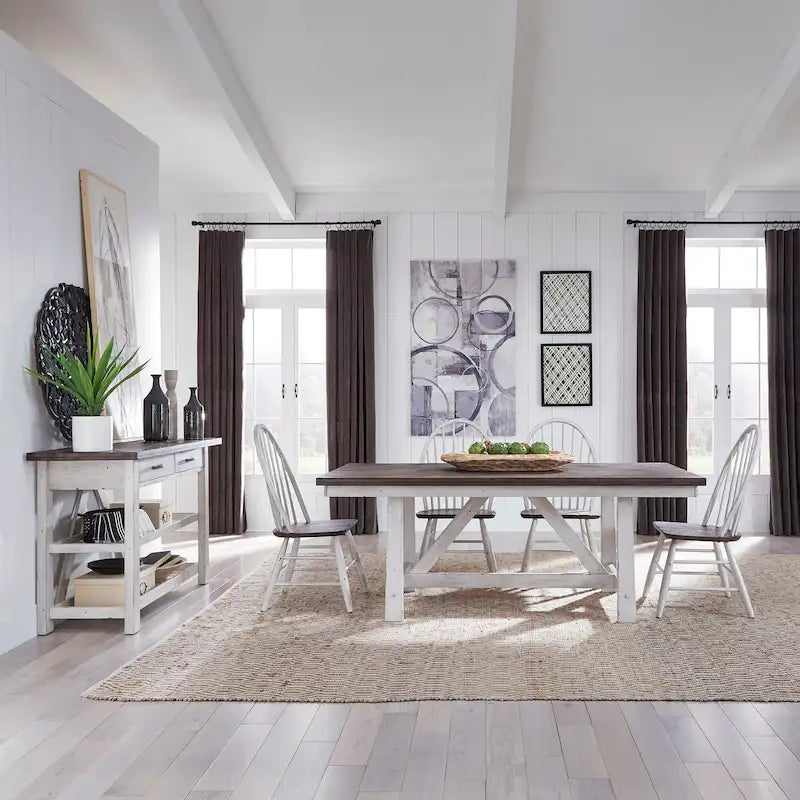 Ensemble de table à tréteaux 5 pièces, blanc et bois, style ferme