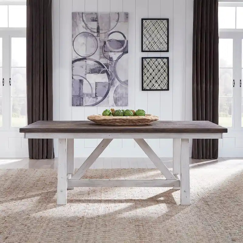 Ensemble de table à tréteaux 5 pièces, blanc et bois, style ferme