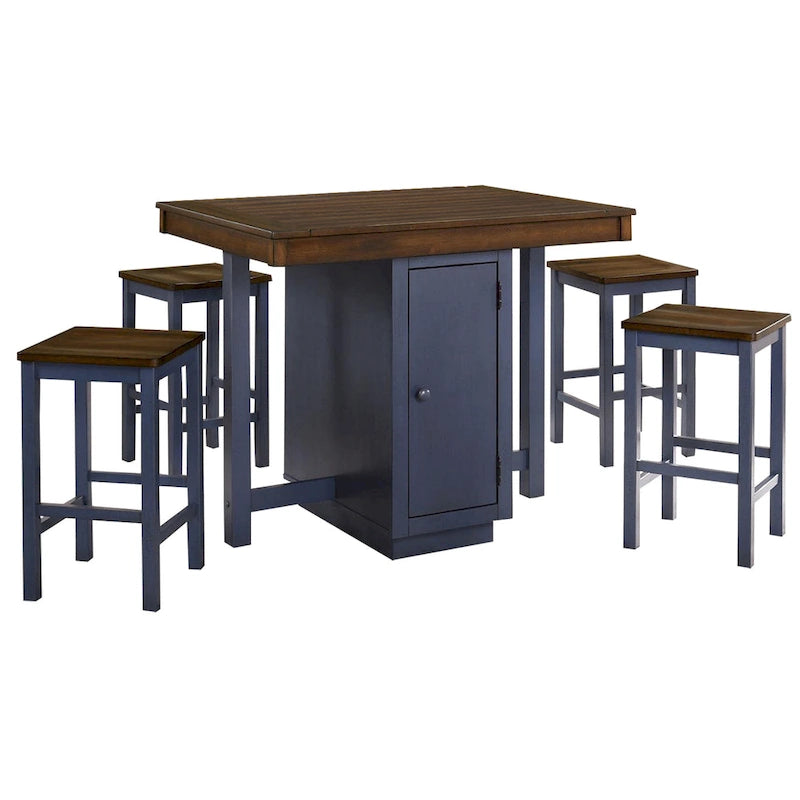 Ensemble table à manger hauteur comptoir 5 pièces, 4 tabourets, chêne antique, bois bleu