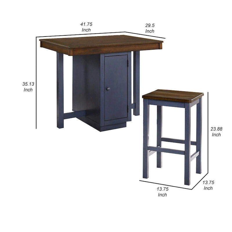 Ensemble table à manger hauteur comptoir 5 pièces, 4 tabourets, chêne antique, bois bleu