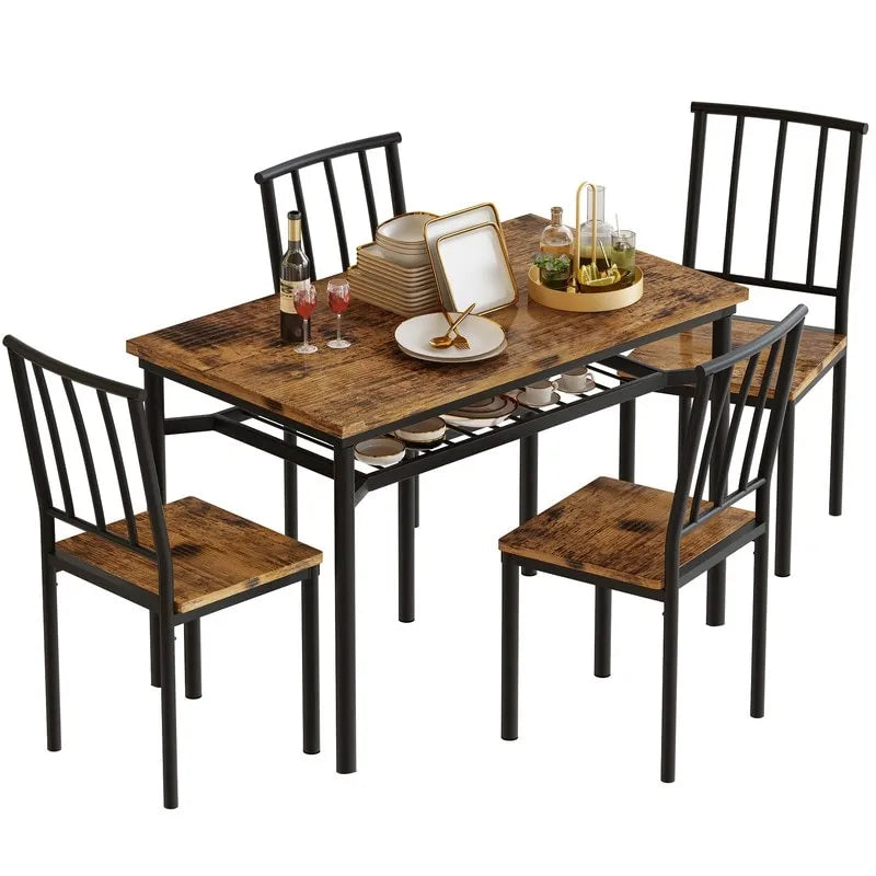 Ensemble de salle à manger industriel moderne pour 4 personnes, table et chaises de cuisine en bois 5 pièces, ensemble de table de salle à manger avec étagère de rangement