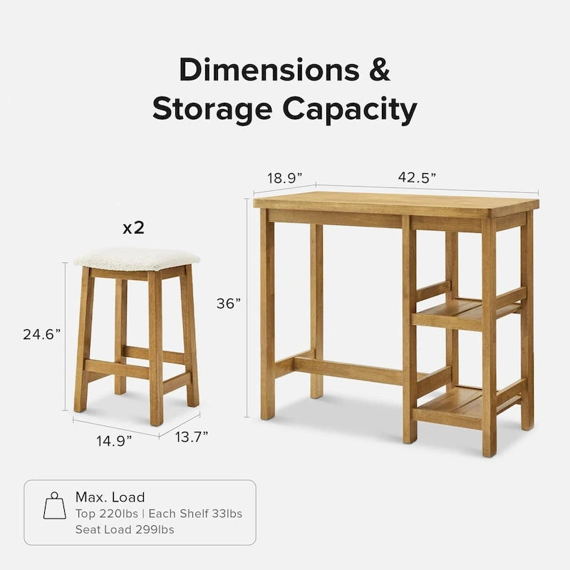 Mopio Kelly Ensemble table de comptoir en bois massif avec 2 tabourets Boucle, ensemble de salle à manger 3 pièces, petit îlot de cuisine avec étagères de rangement