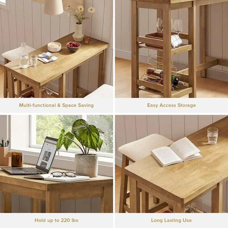Mopio Kelly Ensemble table de comptoir en bois massif avec 2 tabourets Boucle, ensemble de salle à manger 3 pièces, petit îlot de cuisine avec étagères de rangement