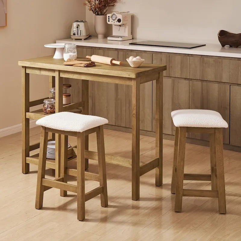 Mopio Kelly Ensemble table de comptoir en bois massif avec 2 tabourets Boucle, ensemble de salle à manger 3 pièces, petit îlot de cuisine avec étagères de rangement
