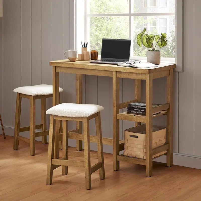 Mopio Kelly Ensemble table de comptoir en bois massif avec 2 tabourets Boucle, ensemble de salle à manger 3 pièces, petit îlot de cuisine avec étagères de rangement