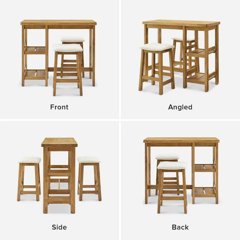 Mopio Kelly Ensemble table de comptoir en bois massif avec 2 tabourets Boucle, ensemble de salle à manger 3 pièces, petit îlot de cuisine avec étagères de rangement