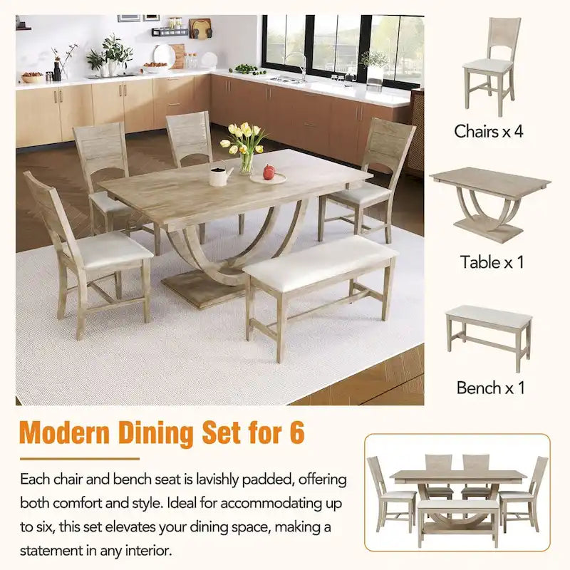 Ensemble de table à manger demi-ronde en bois de 6 pièces avec longue banquette et 4 chaises de salle à manger, style moderne, gris