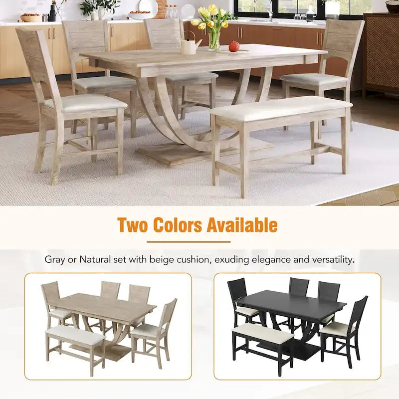 Ensemble de table à manger demi-ronde en bois de 6 pièces avec longue banquette et 4 chaises de salle à manger, style moderne, gris