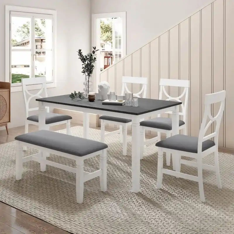 Ensemble de salle à manger 6 pièces en bois avec banc rembourré et 4 chaises de salle à manger