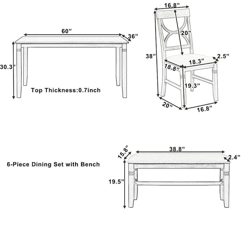 Ensemble de salle à manger 6 pièces en bois avec banc rembourré et 4 chaises de salle à manger
