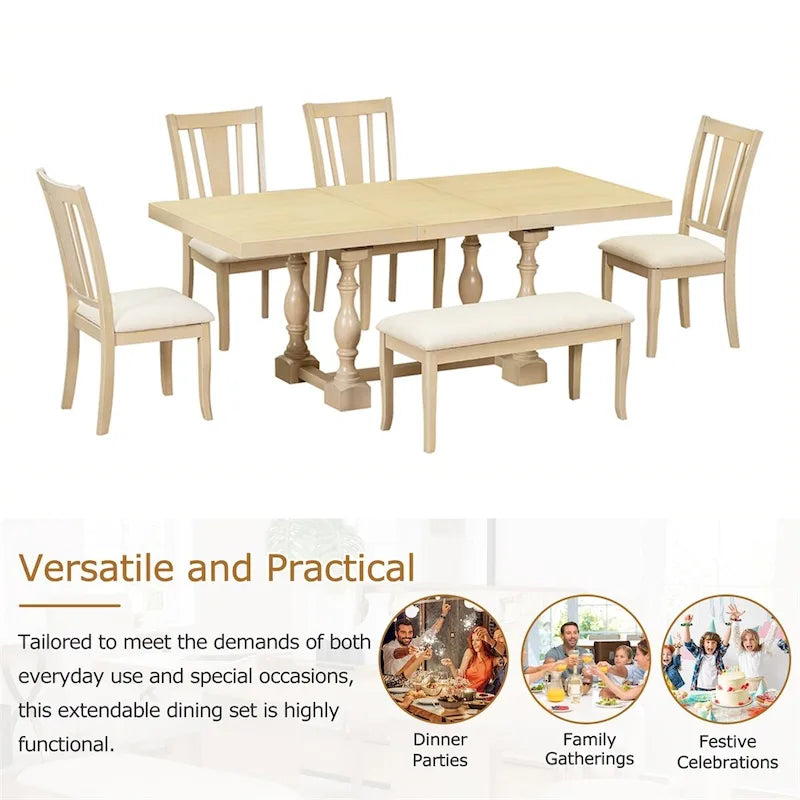 Ensemble de salle à manger 6 pièces avec table extensible 78" à tréteaux, chaises et banc