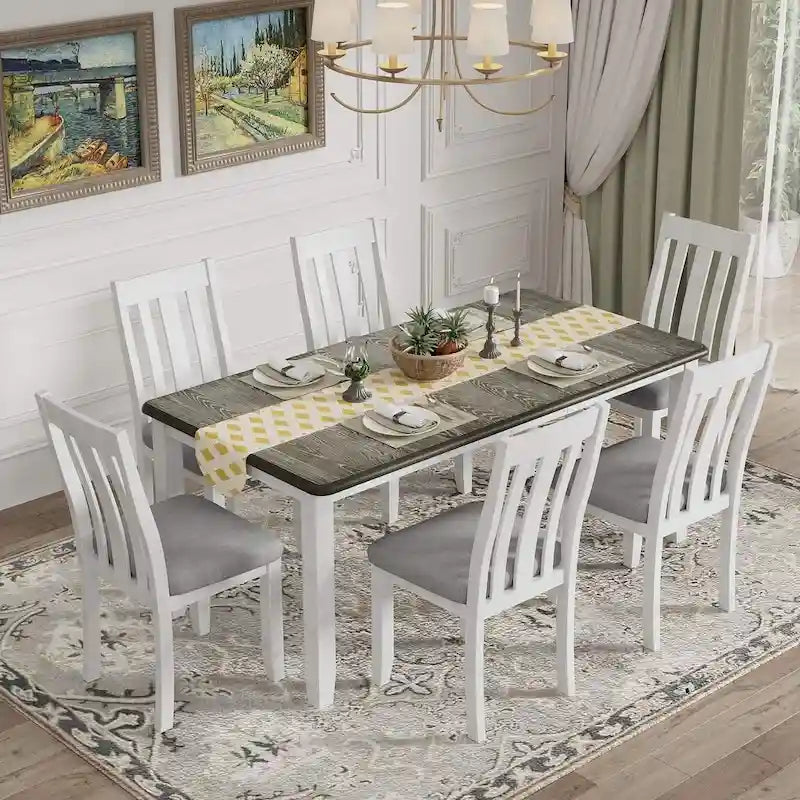 Ensemble de salle à manger 7 pièces de style rétro pour 6 personnes - Table extensible et 6 chaises rembourrées