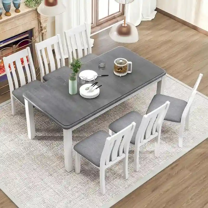 Ensemble de salle à manger 7 pièces de style rétro pour 6 personnes - Table extensible et 6 chaises rembourrées