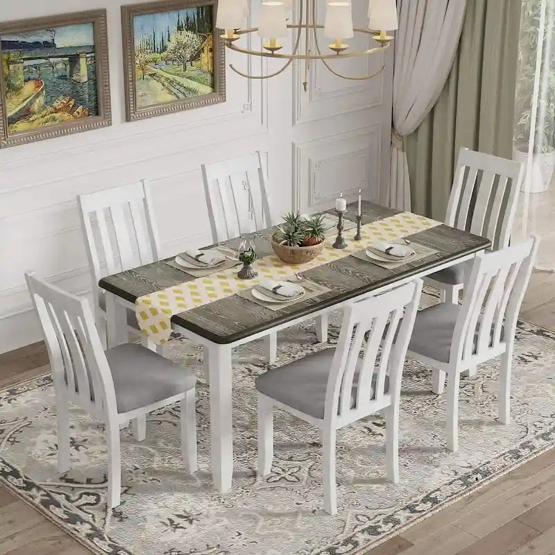 Ensemble de salle à manger 7 pièces de style rétro pour 6 personnes - Table extensible et 6 chaises rembourrées