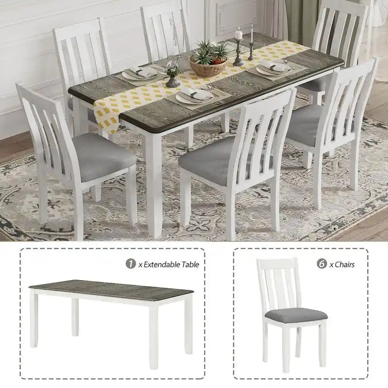 Ensemble de salle à manger 7 pièces de style rétro pour 6 personnes - Table extensible et 6 chaises rembourrées