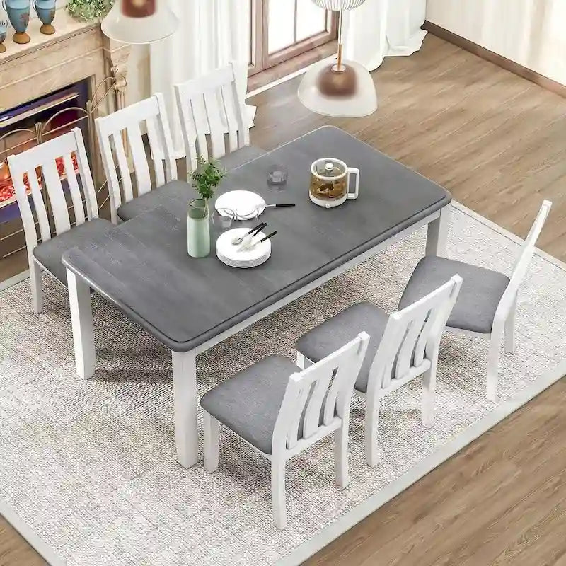 Ensemble de salle à manger 7 pièces de style rétro pour 6 personnes - Table extensible et 6 chaises rembourrées