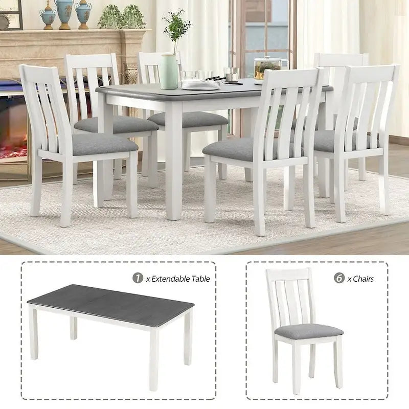 Ensemble de salle à manger 7 pièces de style rétro pour 6 personnes - Table extensible et 6 chaises rembourrées