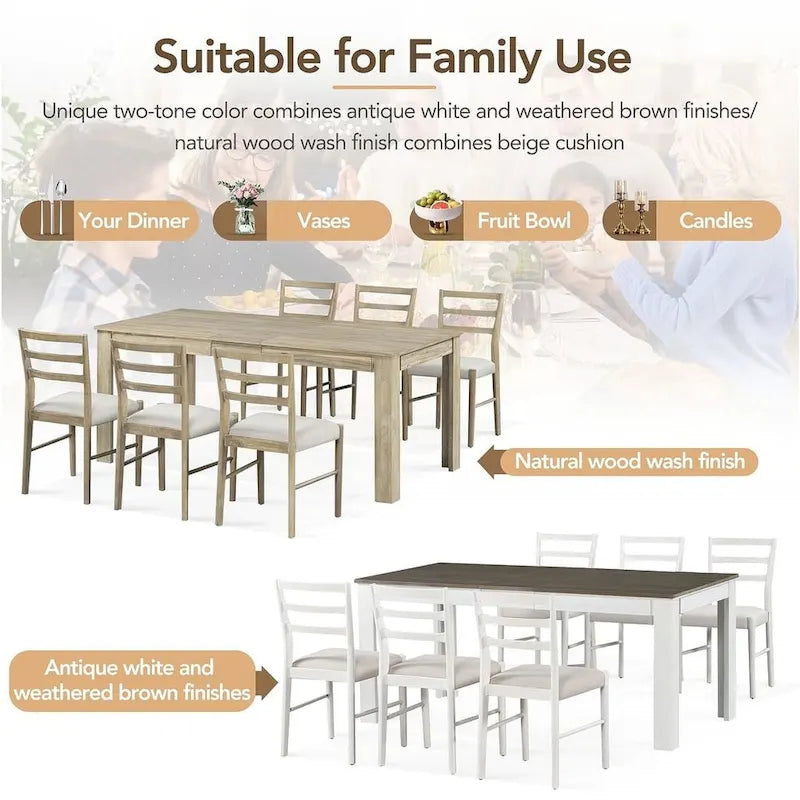 Ensemble de salle à manger 7 pièces en bois pour 6 personnes avec table extensible