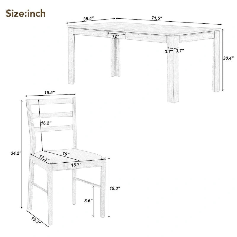 Ensemble de salle à manger 7 pièces en bois pour 6 personnes avec table extensible