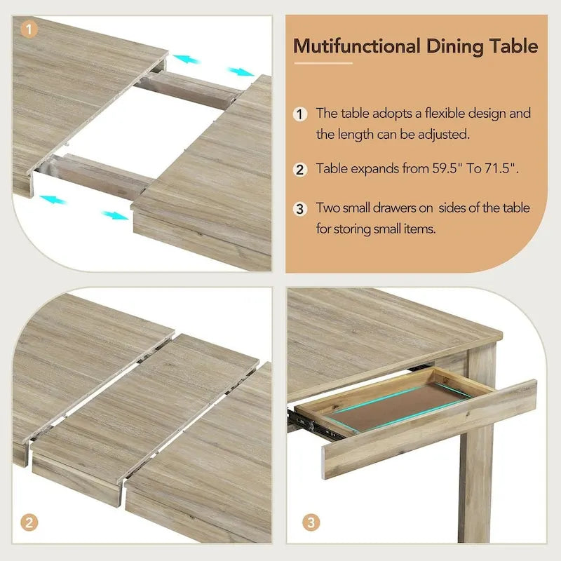 Ensemble de salle à manger 7 pièces en bois pour 6 personnes avec table extensible
