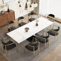 Ensemble de salle à manger moderne et minimaliste de 9 pièces avec plateau en pierre frittée extensible de 240 cm et 8 chaises en tissu