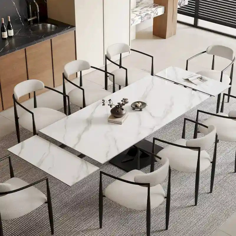 Ensemble de salle à manger moderne et minimaliste de 9 pièces avec plateau en pierre frittée extensible de 240 cm et 8 chaises en tissu