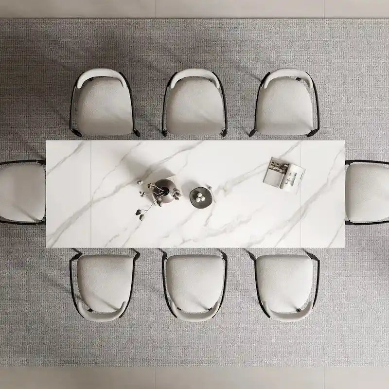 Ensemble de salle à manger moderne et minimaliste de 9 pièces avec plateau en pierre frittée extensible de 240 cm et 8 chaises en tissu