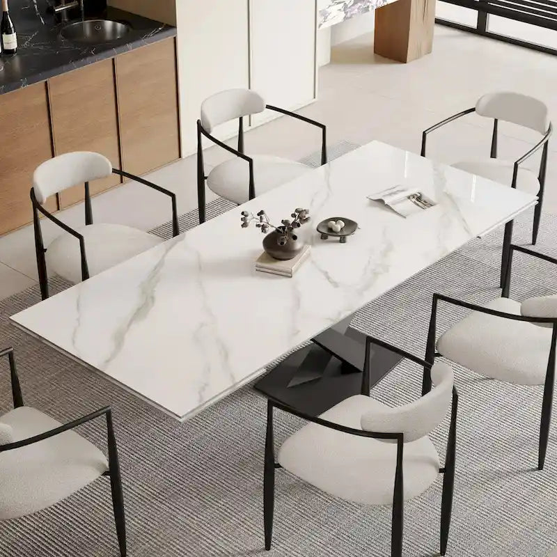 Ensemble de salle à manger moderne et minimaliste de 9 pièces avec plateau en pierre frittée extensible de 240 cm et 8 chaises en tissu