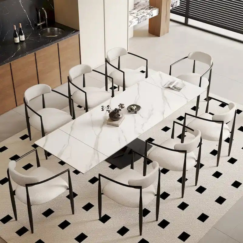 Ensemble de salle à manger moderne et minimaliste de 9 pièces avec plateau en pierre frittée extensible de 240 cm et 8 chaises en tissu