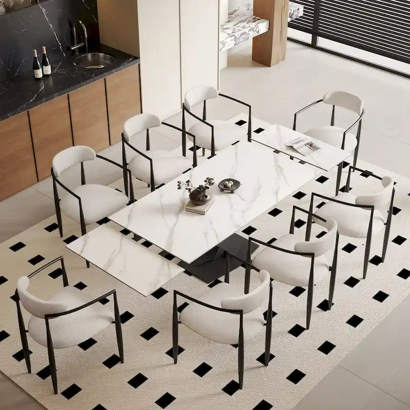 Ensemble de salle à manger moderne et minimaliste de 9 pièces avec plateau en pierre frittée extensible de 240 cm et 8 chaises en tissu