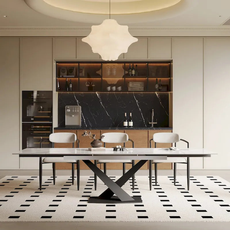 Ensemble de salle à manger moderne et minimaliste de 9 pièces avec plateau en pierre frittée extensible de 240 cm et 8 chaises en tissu