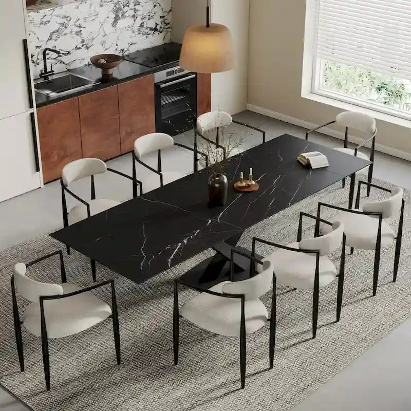 Ensemble de salle à manger moderne et minimaliste de 9 pièces avec plateau en pierre frittée extensible de 240 cm et 8 chaises en tissu