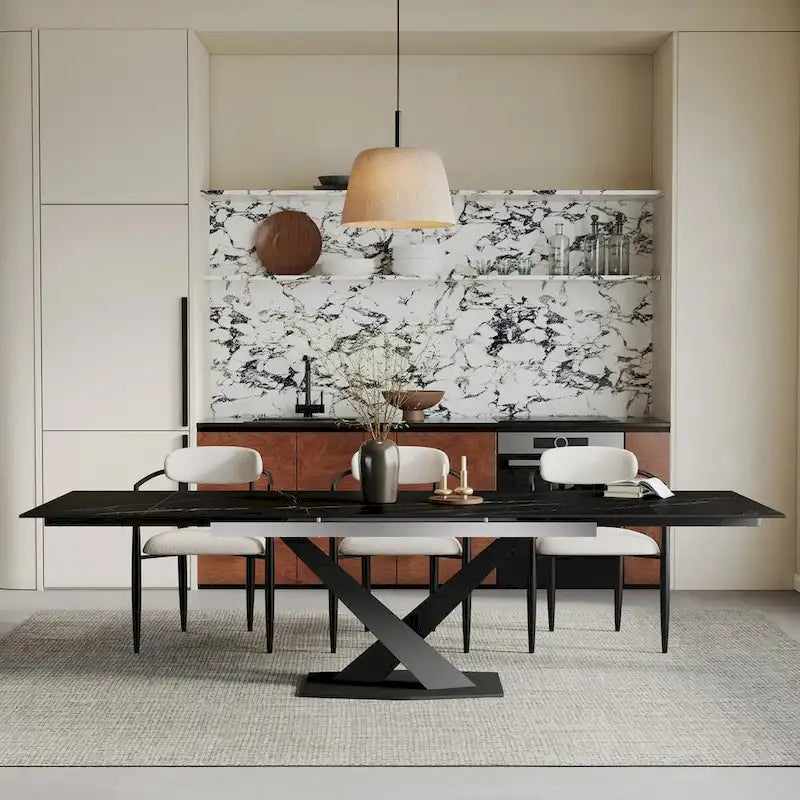 Ensemble de salle à manger moderne et minimaliste de 9 pièces avec plateau en pierre frittée extensible de 240 cm et 8 chaises en tissu