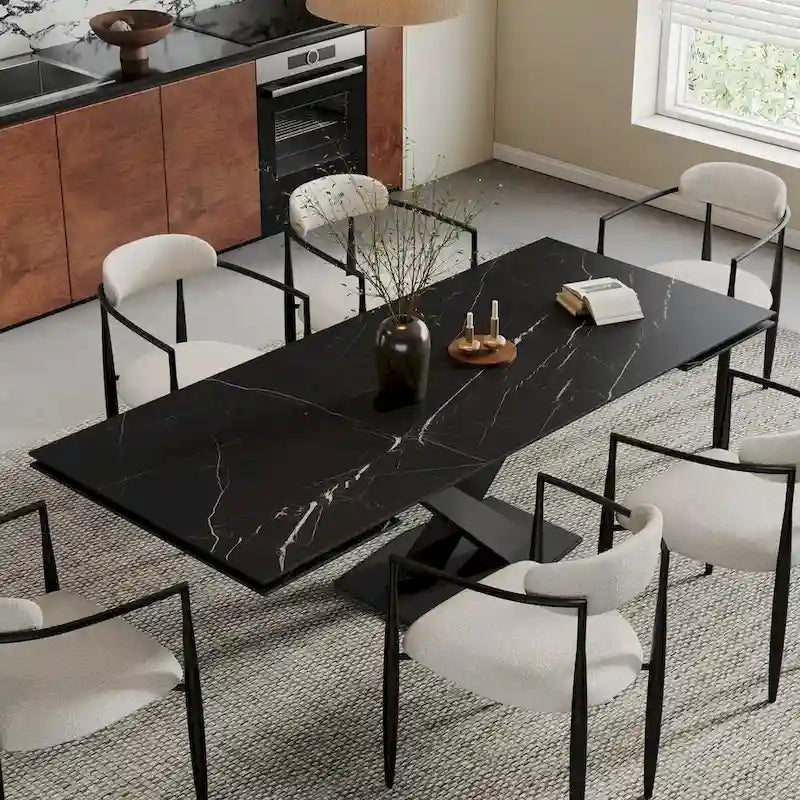 Ensemble de salle à manger moderne et minimaliste de 9 pièces avec plateau en pierre frittée extensible de 240 cm et 8 chaises en tissu