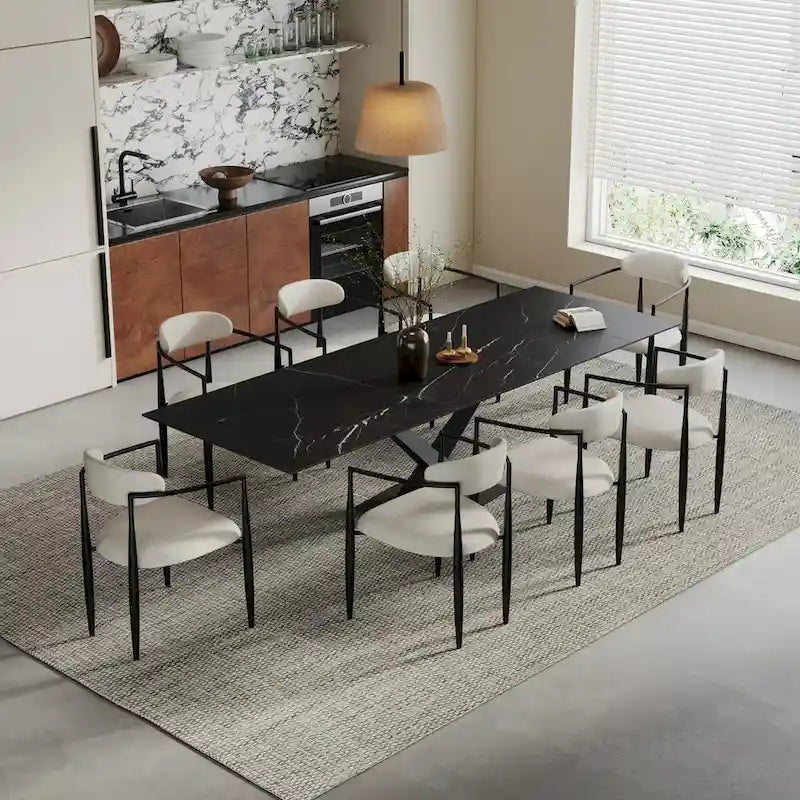 Ensemble de salle à manger moderne et minimaliste de 9 pièces avec plateau en pierre frittée extensible de 240 cm et 8 chaises en tissu