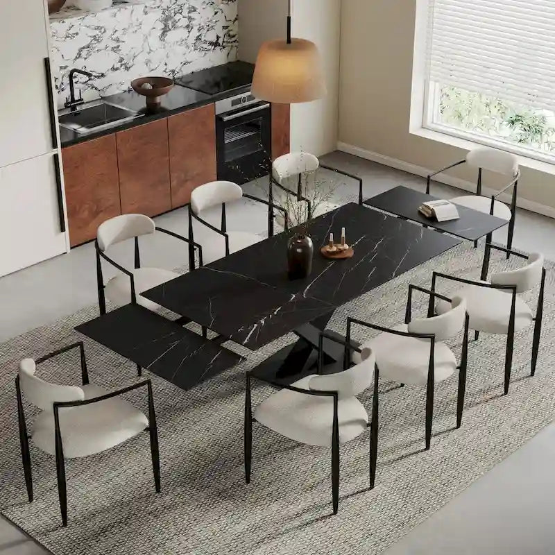Ensemble de salle à manger moderne et minimaliste de 9 pièces avec plateau en pierre frittée extensible de 240 cm et 8 chaises en tissu