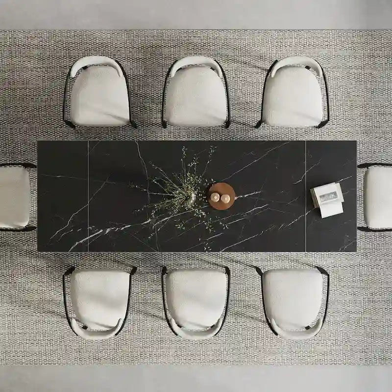 Ensemble de salle à manger moderne et minimaliste de 9 pièces avec plateau en pierre frittée extensible de 240 cm et 8 chaises en tissu