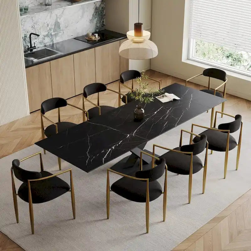 Ensemble de salle à manger moderne et minimaliste de 9 pièces avec plateau en pierre frittée extensible de 240 cm et 8 chaises en tissu