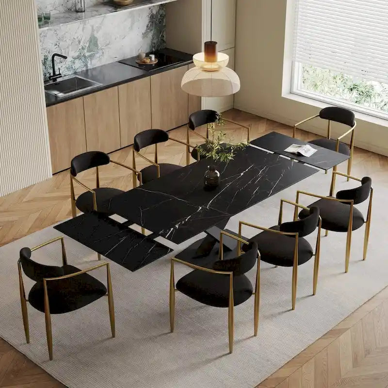 Ensemble de salle à manger moderne et minimaliste de 9 pièces avec plateau en pierre frittée extensible de 240 cm et 8 chaises en tissu