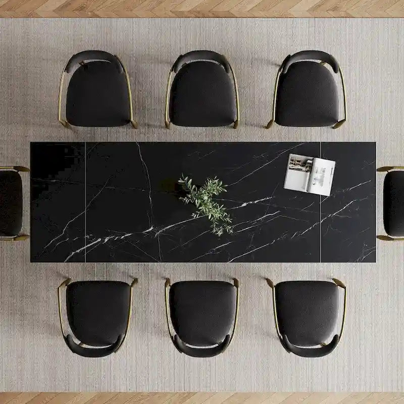 Ensemble de salle à manger moderne et minimaliste de 9 pièces avec plateau en pierre frittée extensible de 240 cm et 8 chaises en tissu
