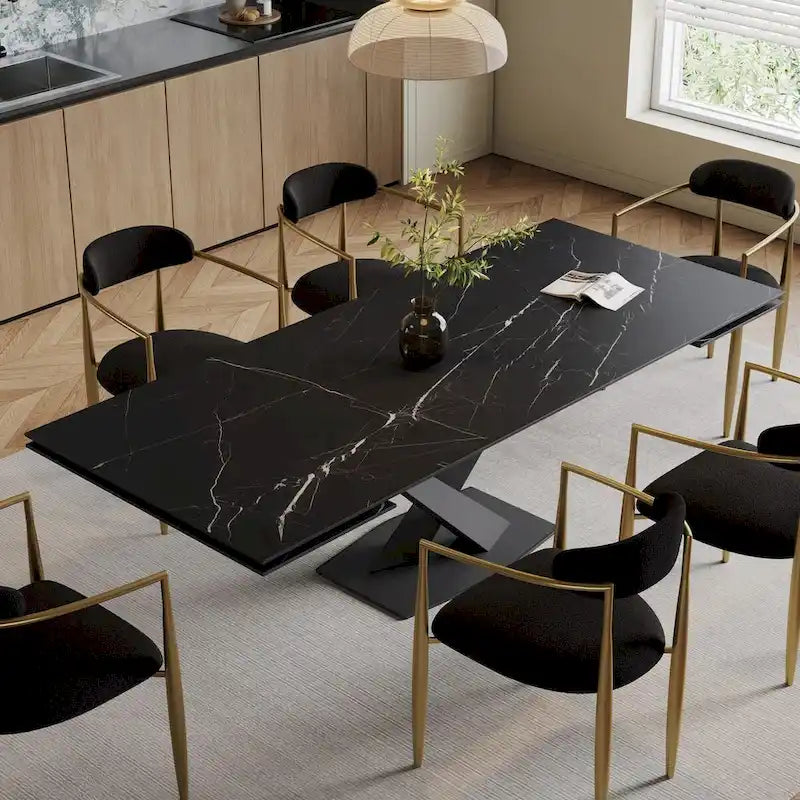 Ensemble de salle à manger moderne et minimaliste de 9 pièces avec plateau en pierre frittée extensible de 240 cm et 8 chaises en tissu