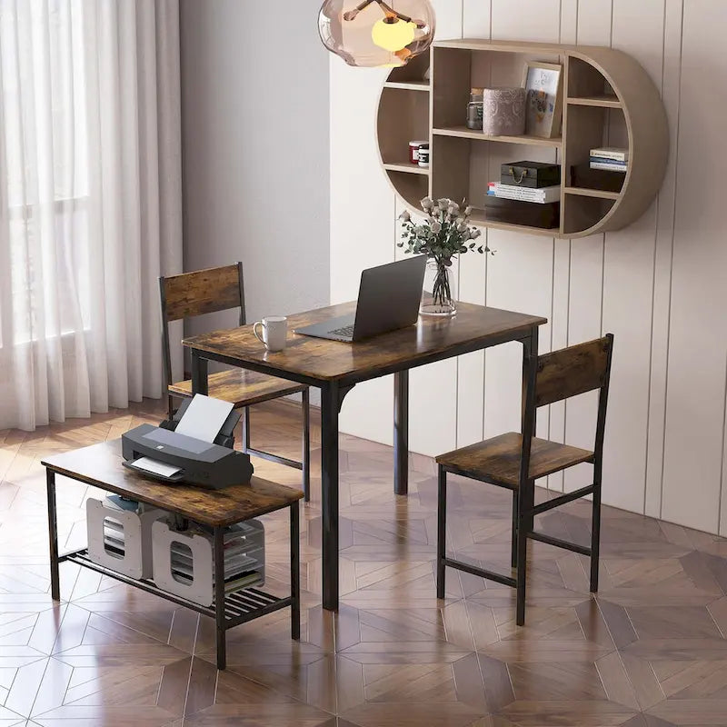 Ensemble de salle à manger 4 pièces, table rustique, 2 chaises, banc, étagère de rangement