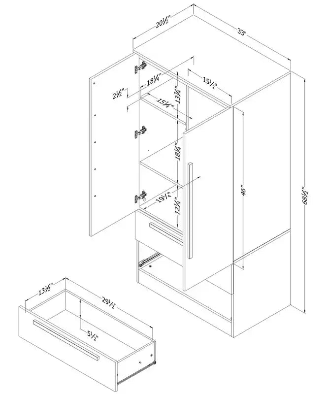 Commode de chambre à 2 tiroirs avec meuble de rangement, 33L x 68,5H