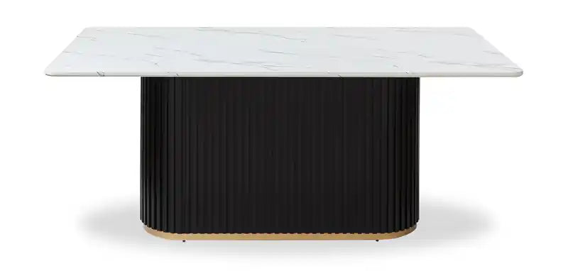 Table de salle à manger Capri avec plateau effet marbre et accents dorés, pied central, 72 po de largeur - Noir/blanc
