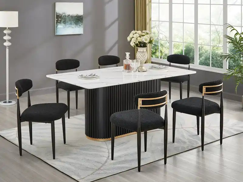 Table de salle à manger Capri avec plateau effet marbre et accents dorés, pied central, 72 po de largeur - Noir/blanc