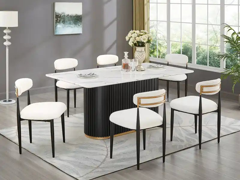 Table de salle à manger Capri avec plateau effet marbre et accents dorés, pied central, 72 po de largeur - Noir/blanc