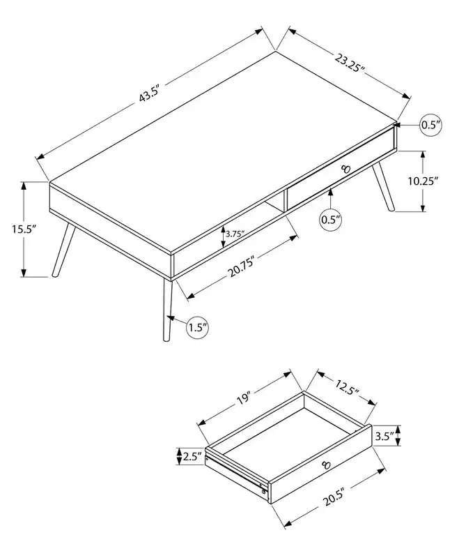 43.5 Table basse moderne avec rangement - Pieds en bois finition noyer